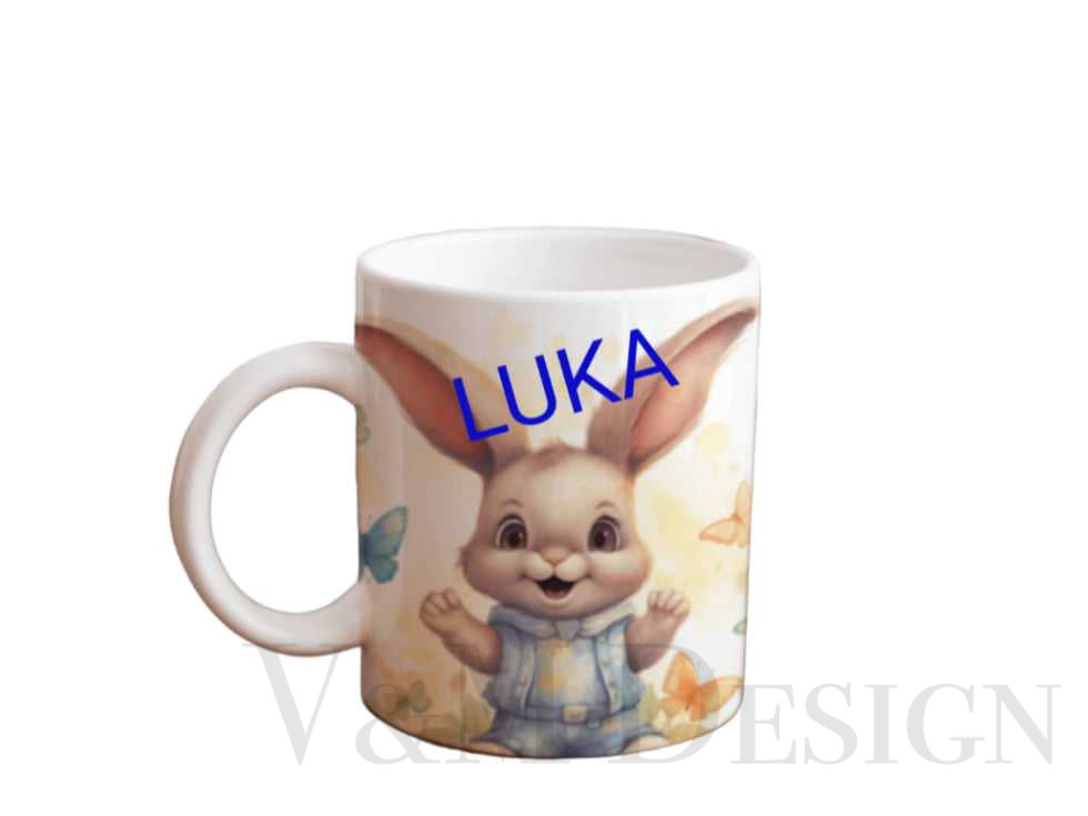 Otroški lonček "Ime-Zajček z metuljčki"-velika noč